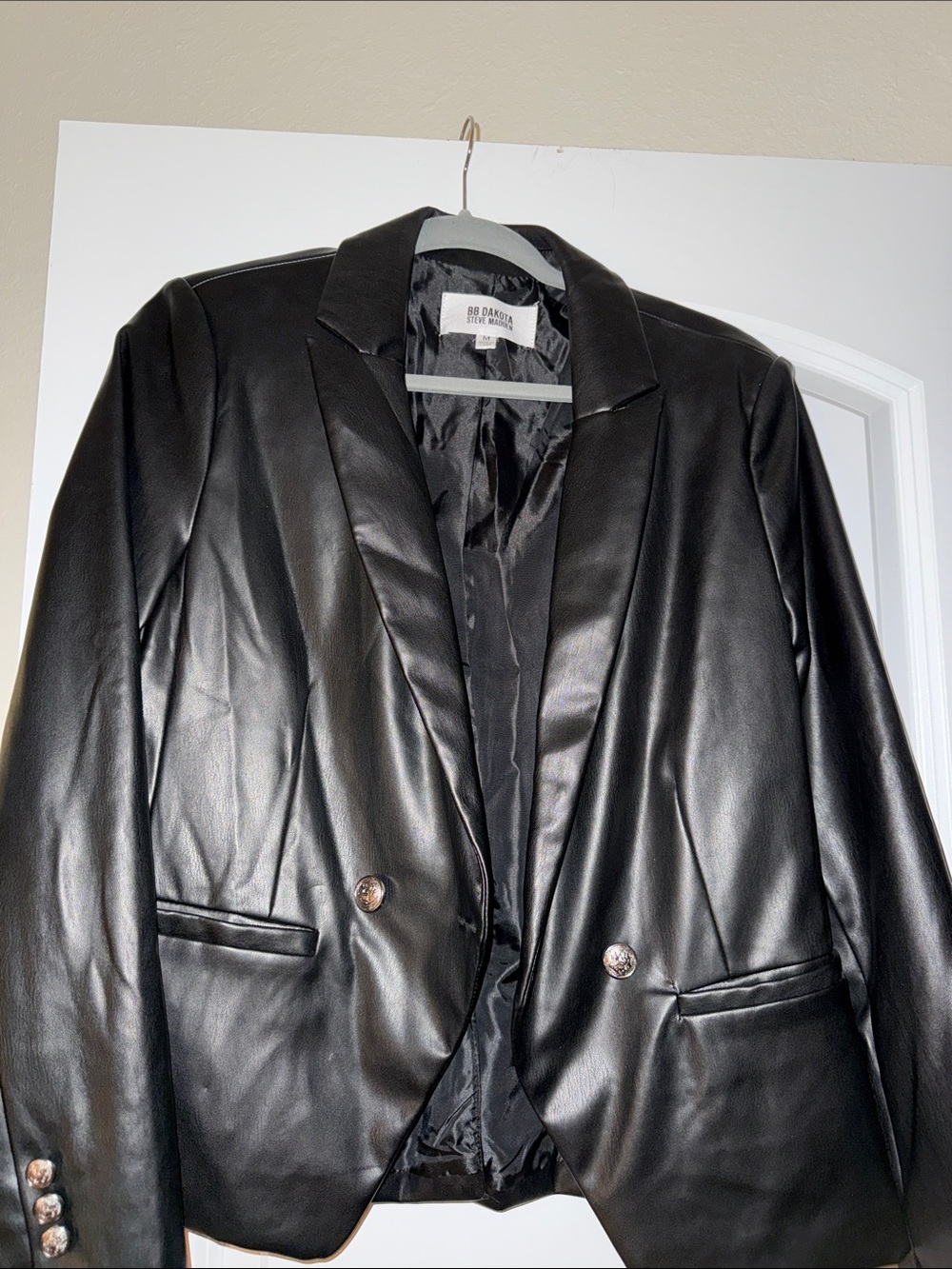 BB Dakota Black Faux Leather Double-Button Blazer